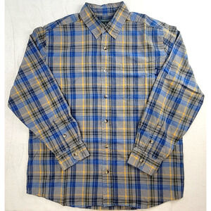 Woolrich Olive Green Blue Yellow Plaid Button Up Shirt Men's Large Outdoors Work